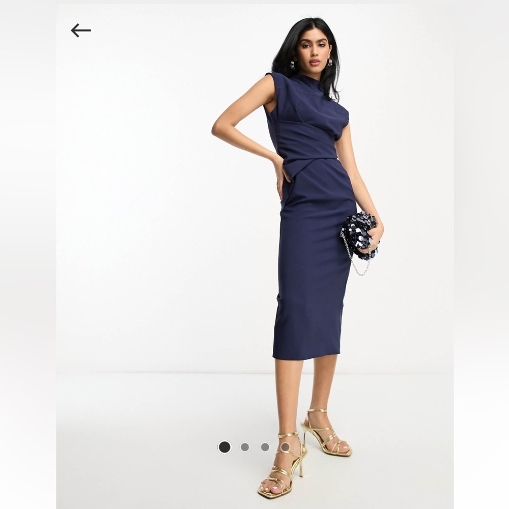 ASOS Sleeveless Waisted Belt Navy Blue Midi Dress